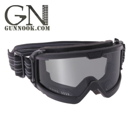 Black tactical goggles with a clear lens and adjustable strap for secure fit.