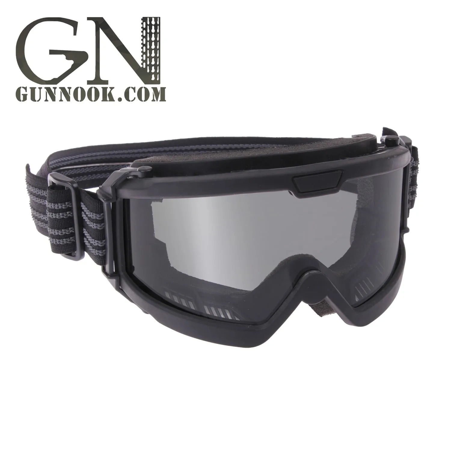 Black tactical goggles with a clear lens and adjustable strap for secure fit.