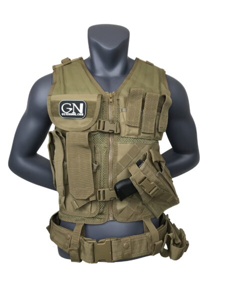 Black tactical vest featuring a mesh design and multiple attachment points for gear.