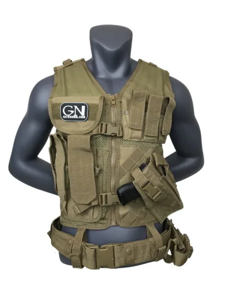 Black tactical vest featuring a mesh design and multiple attachment points for gear.