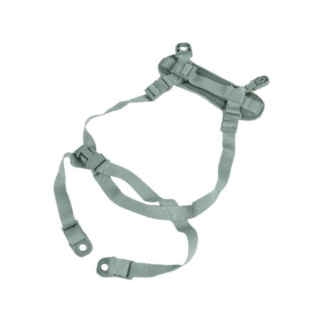 Green four-point chinstrap harness with adjustable straps and clips.