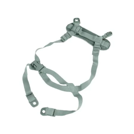 Green four-point chinstrap harness with adjustable straps and clips.