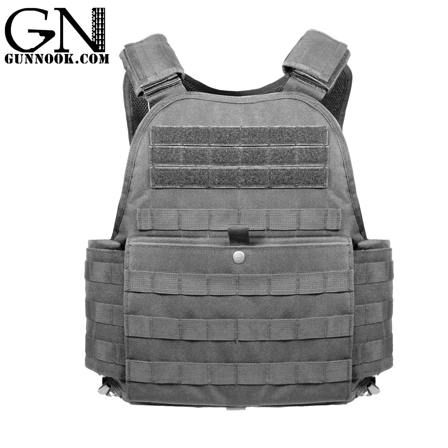 Gray tactical plate carrier vest with adjustable straps and multiple attachment points.