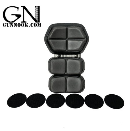 Black protective padding with a segmented design and six round Velcro strips.
