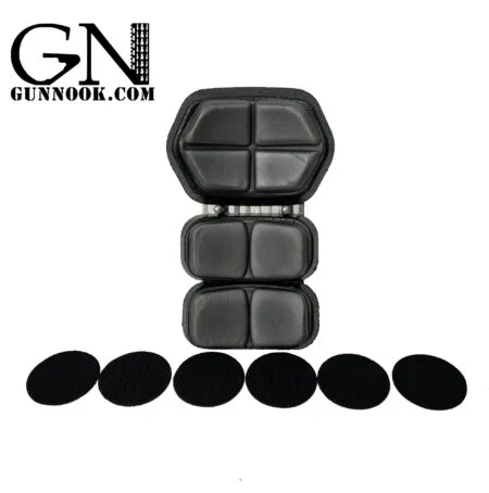 Black protective padding with a segmented design and six round Velcro strips.