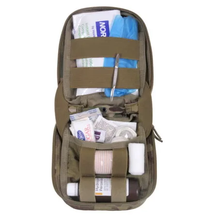 Open MOLLE MultiCam first aid kit containing various medical supplies and tools.