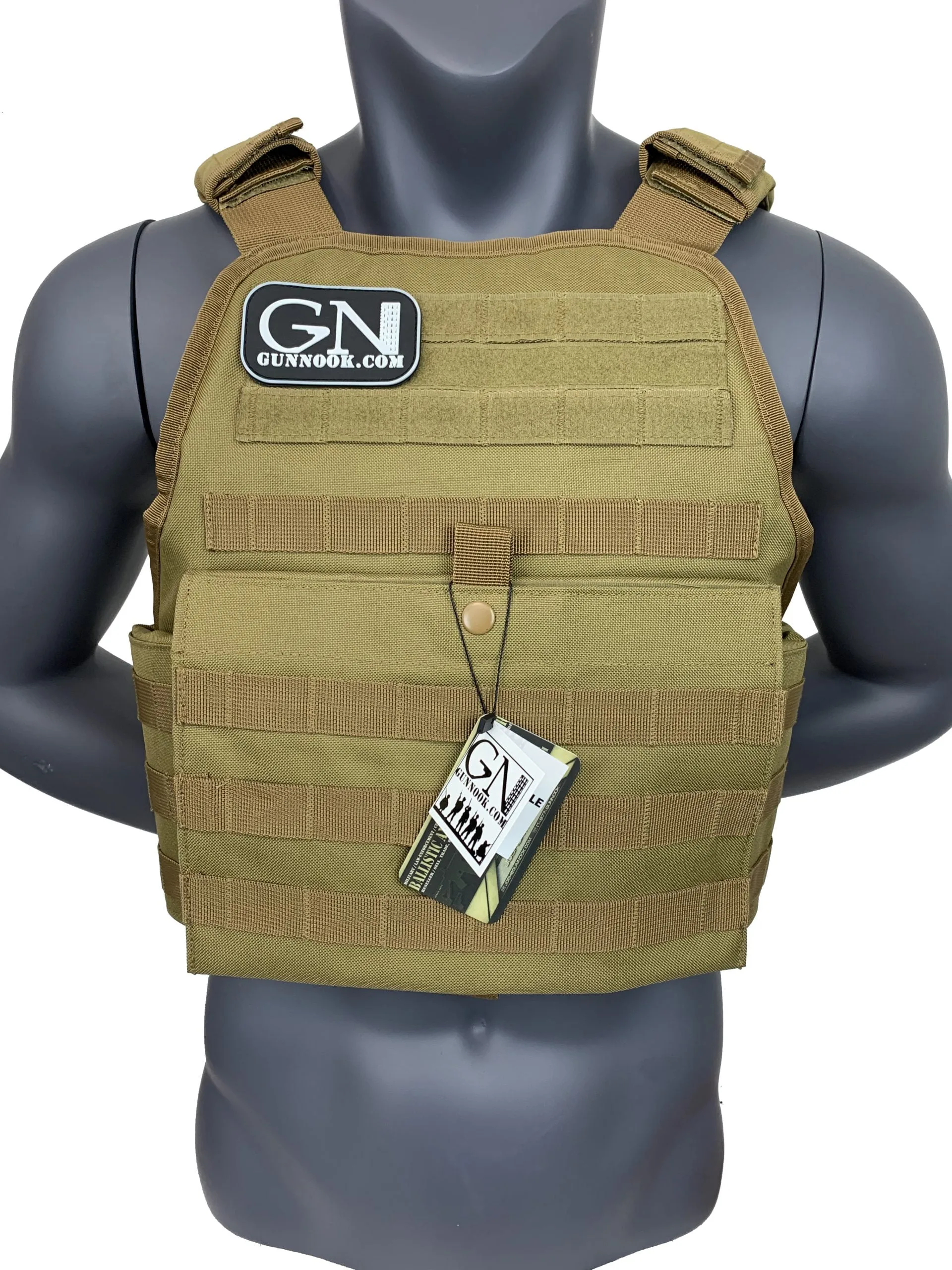 Tan tactical body armor vest displayed on a mannequin with a logo and tag attached.