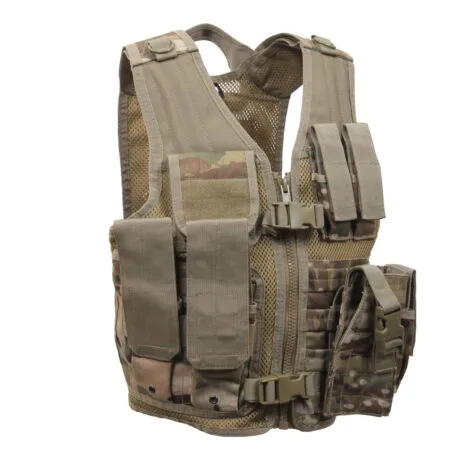 Tactical vest featuring multiple pockets and a mesh design for ventilation.