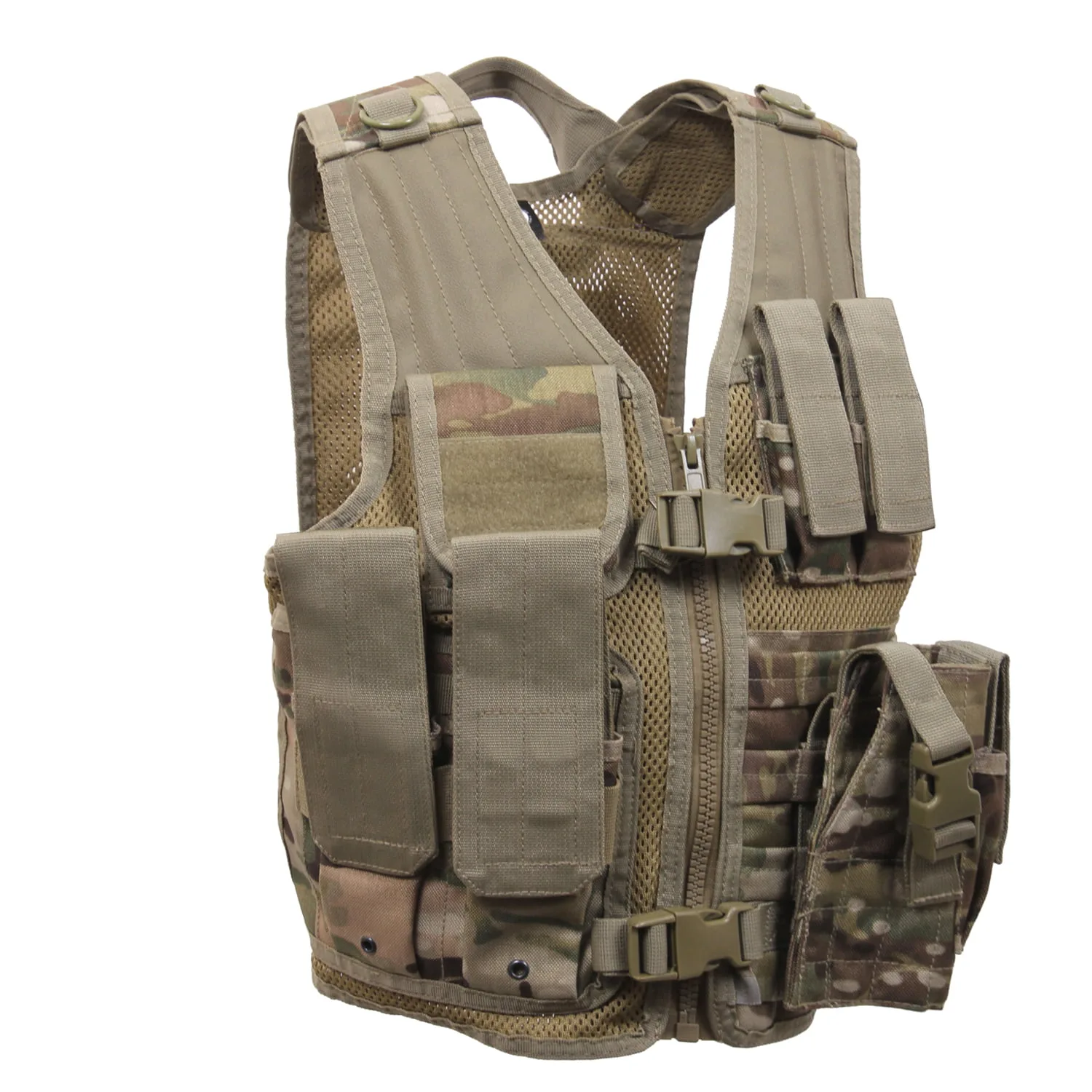 Tactical vest featuring multiple pockets and a mesh design for ventilation.
