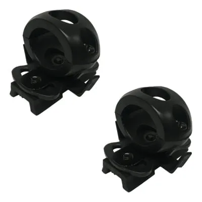 Two black clamp rings with a rounded design and mounting base for secure attachment.
