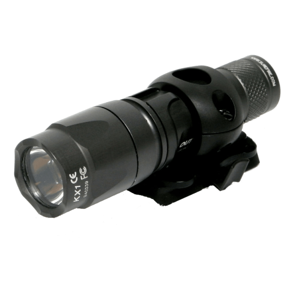 Black tactical flashlight with a mounting bracket and textured grip for secure handling.