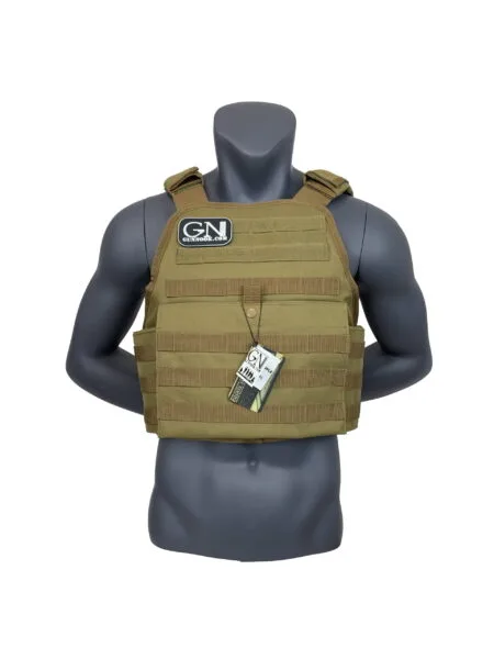 Tan tactical plate carrier vest displayed on a mannequin with a tag attached.